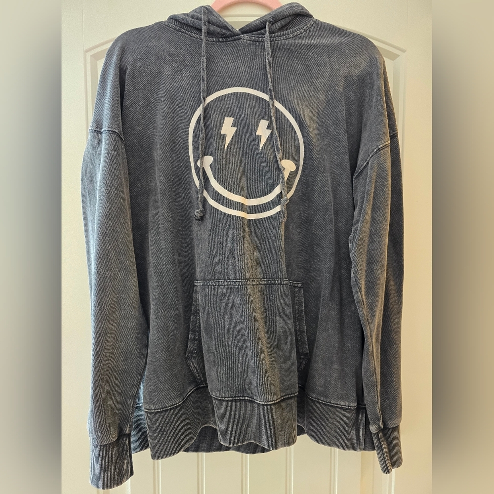 Women's Washed Black Denim Jeans with Lightning Smiley Graphic